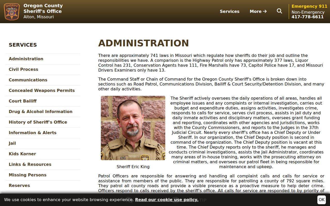 Oregon County arrest records custodian and sheriff administration page