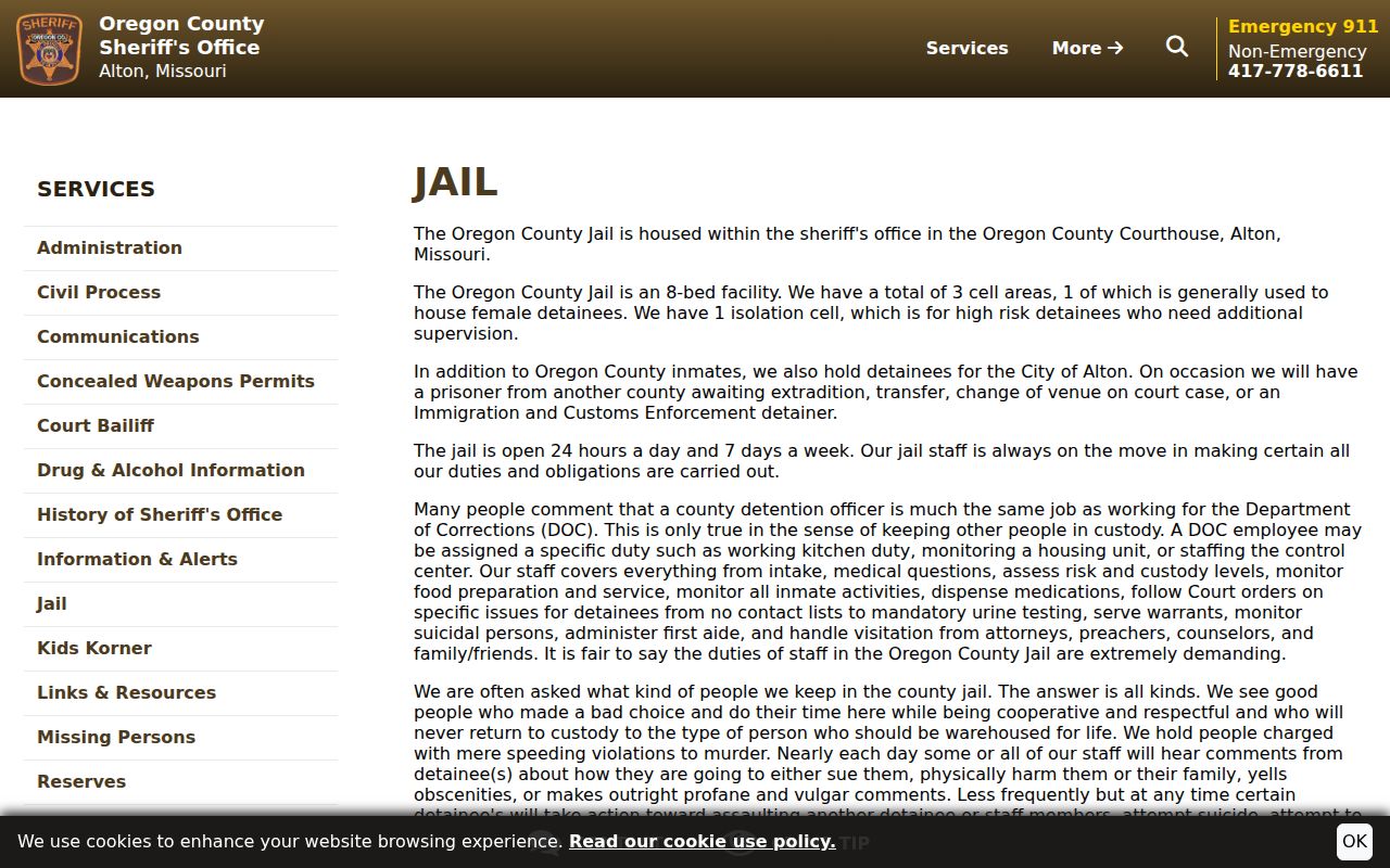 Oregon County arrest records and official eight-bed jail page