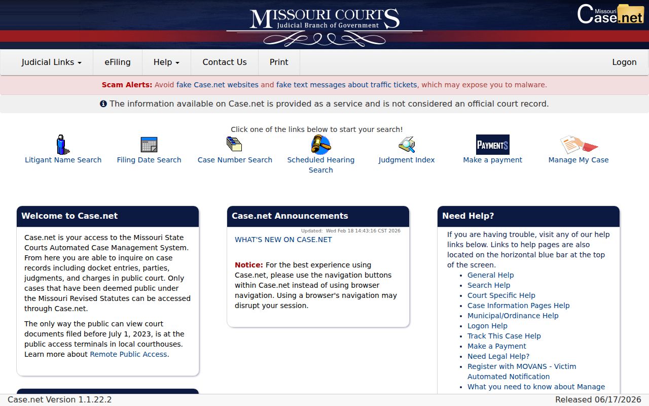 Oregon County criminal court case search entry in Missouri Case.net