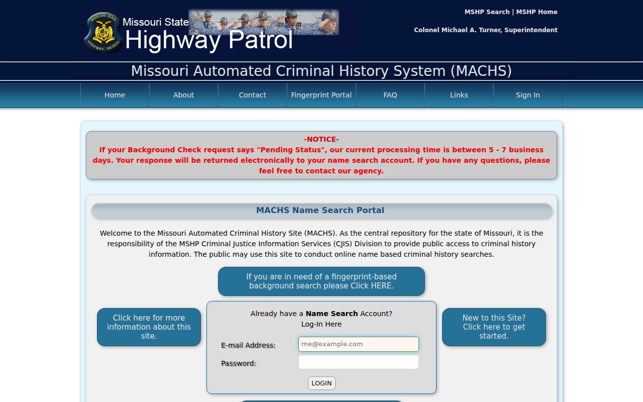 Oregon County criminal history search through the MACHS state repository portal