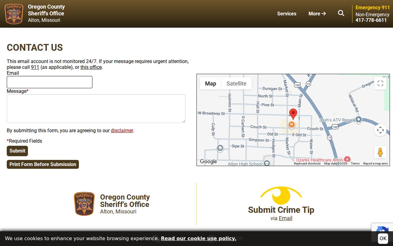 Oregon County criminal records request contact page