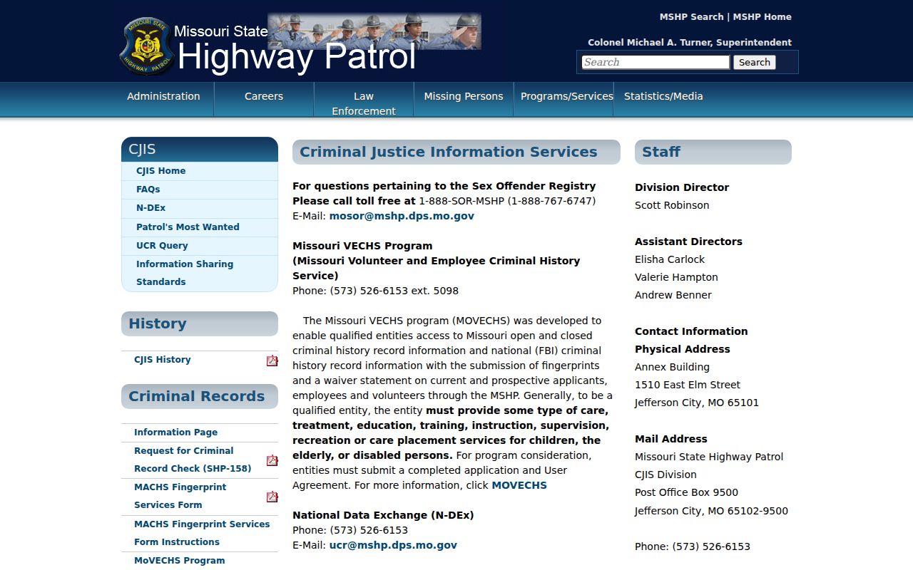 Oregon County criminal supervision records and MSHP CJIS repository