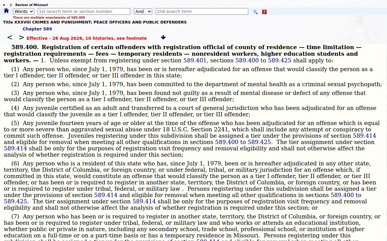 Missouri registration duration and removal statute for Oregon County sex offender records