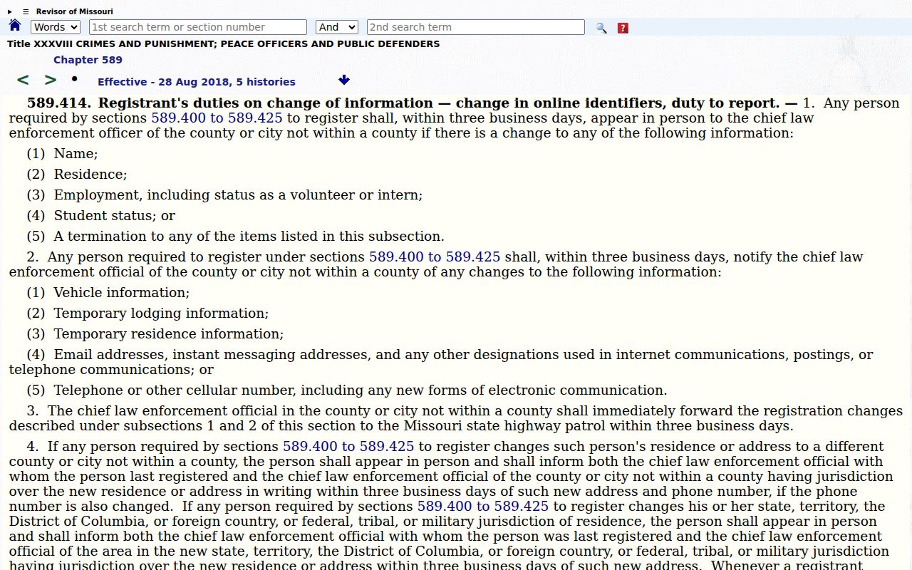 Missouri tier and reporting frequency law for Oregon County sex offender registration