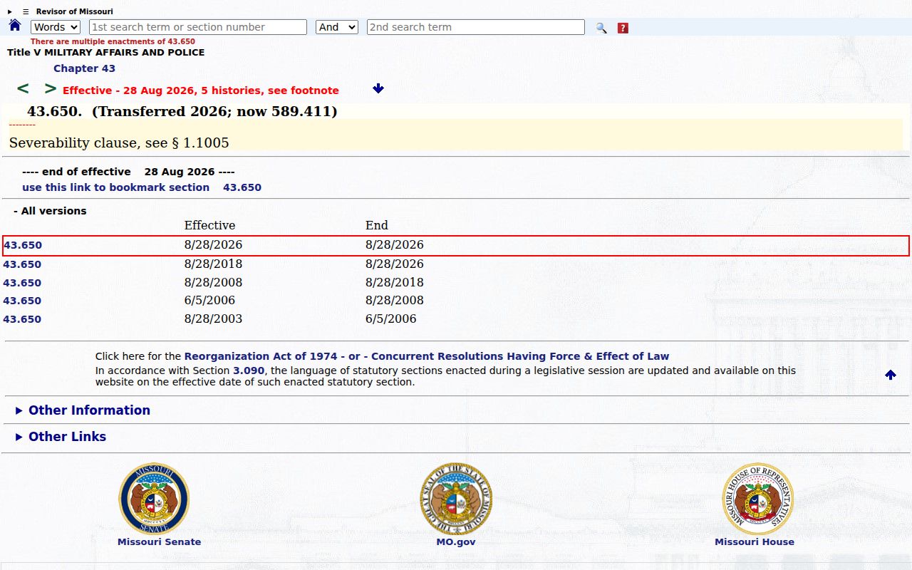 Oregon County sex offender registry public website authority under Missouri law