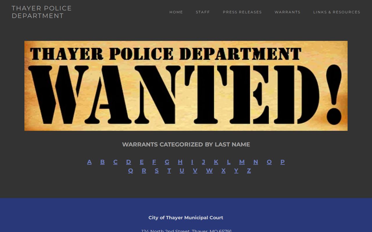 Thayer Police A to Z municipal warrant record index
